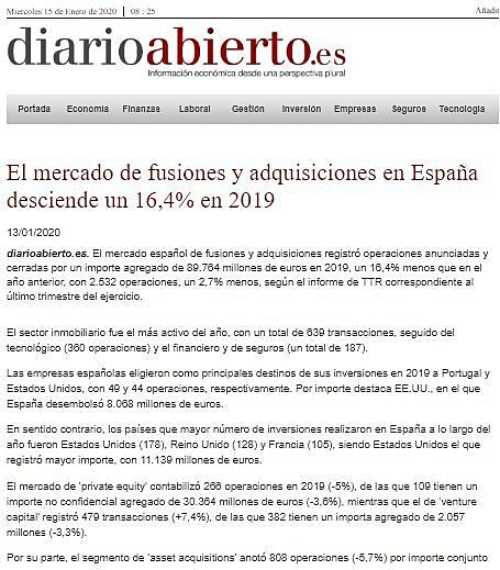 El mercado de fusiones y adquisiciones en Espaa desciende un 16,4% en 2019